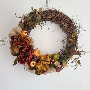 Orange Pumpkin and Flower Wreath